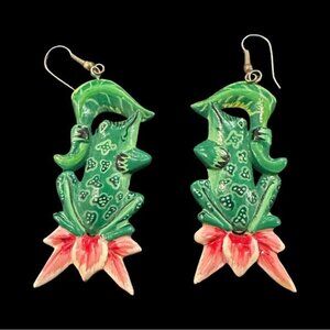 Hand-Painted Wood Gator Dangle Earrings With Flower Design